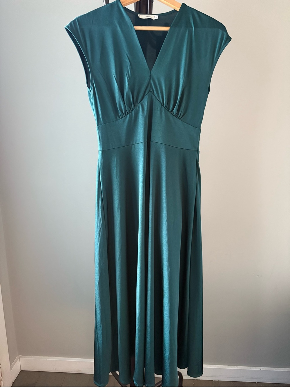 Mango Teal V‑Neck Cap‑Sleeve Maxi Dress